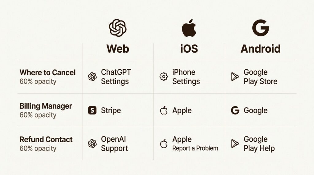 Comparison table of cancellation methods by platform